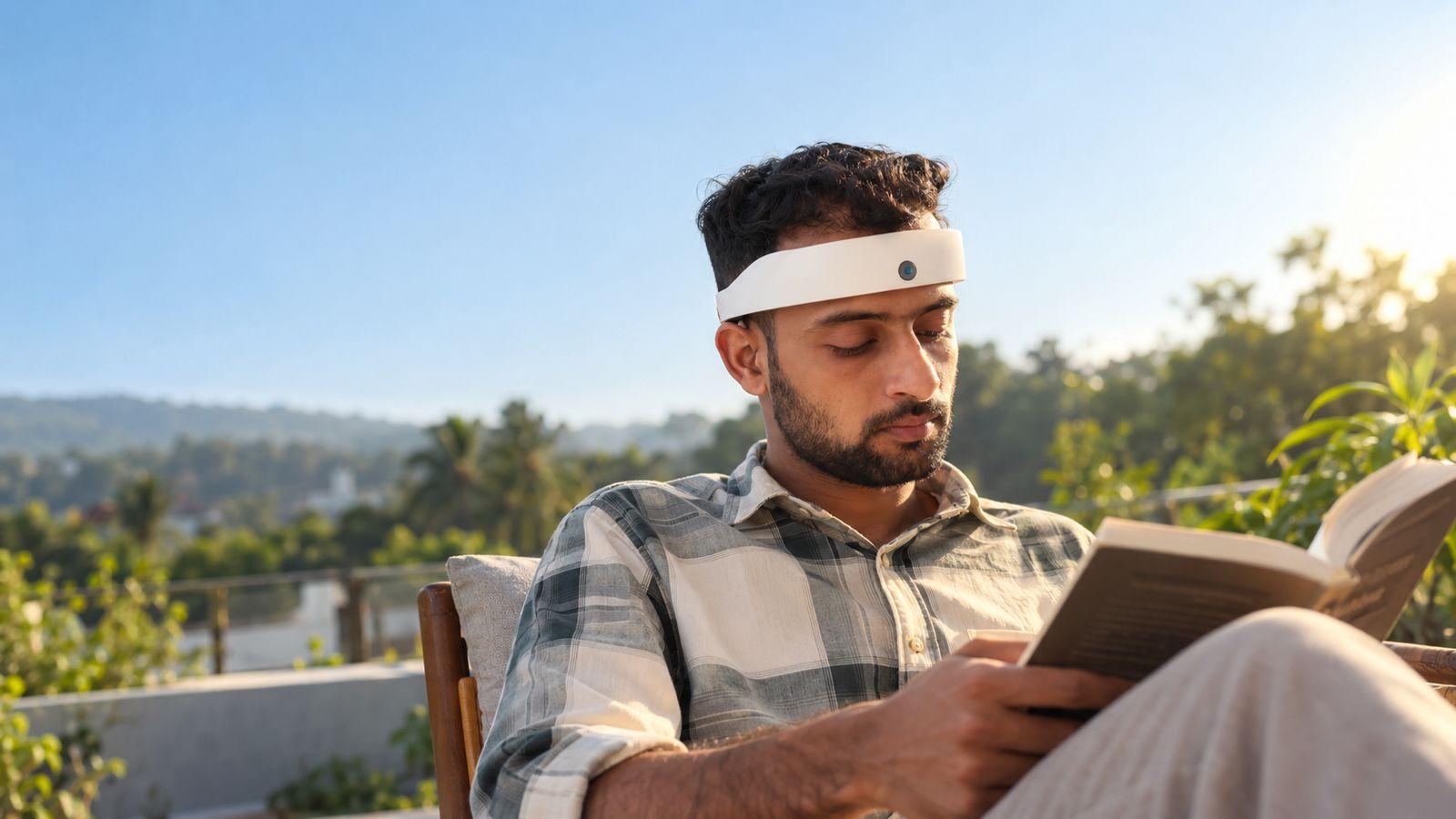 Quiet morning reading routine with executive wearing EIVO Pro headband calmly seated at dining table